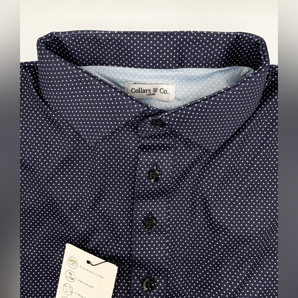 Collars & Co NWT Men’s Semi-Spread Collar Polo In Midnight Micro Dot.  Sz Large - Picture 3 of 15